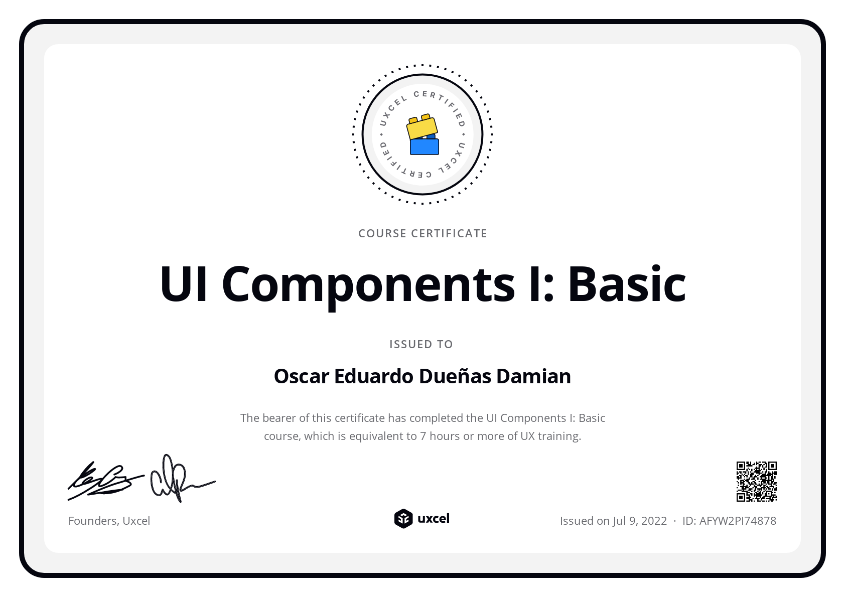 Oscar Eduardo Dueñas Damian's certificate